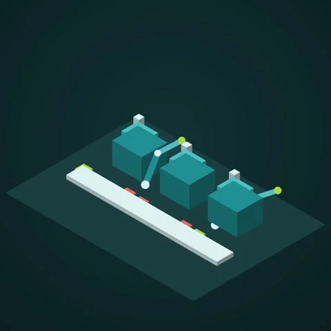 Dark teal and lime isometric factory floor animation, seamless loop, square 1:1 Stock Footage 346257998