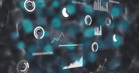 Dark teal data dashboard floating over rippling dot-matrix plane showing gauges Stock Photos