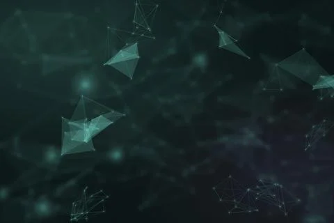 A dark teal digital composition of glowing connected facets and floating no.. Stock Illustration