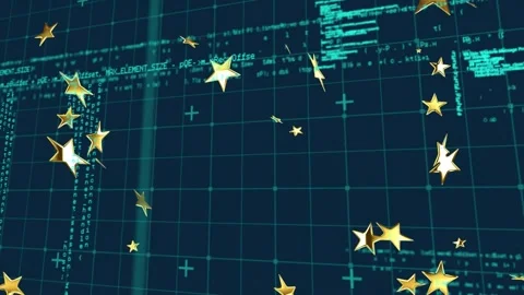 Dark teal grid opening sending golden stars drifting inward clustering code Stock Footage 318194522