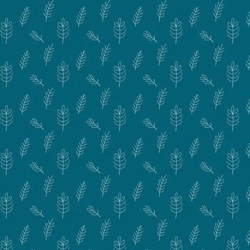 Dark Teal Seamless Pattern with White Leaf Line Drawings Stock Illustration