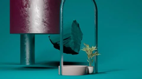 Dark teal space with columns, podium, arc and small palm tree. Minimal design Ilustração Stock