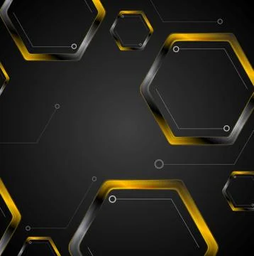 Dark tech background with black orange hexagons Stock Illustration