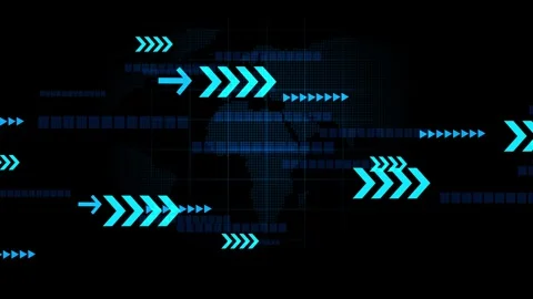 Dark tech background with glowing arrows moving right over a dotted world m.. Stock Footage 334751458
