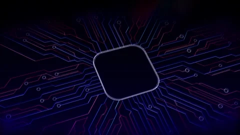 Dark tech circuit chip visual magenta and cobalt traces, processor core, glowing Stock Footage 340528367