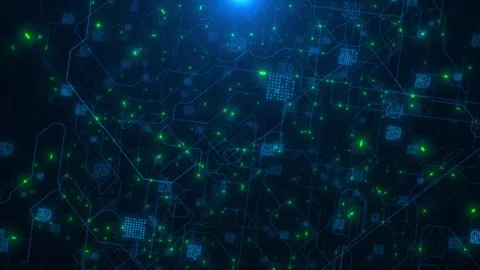 Dark tech connection mesh visual neon green points, blue trace lines, and floati Stock Footage 340555551