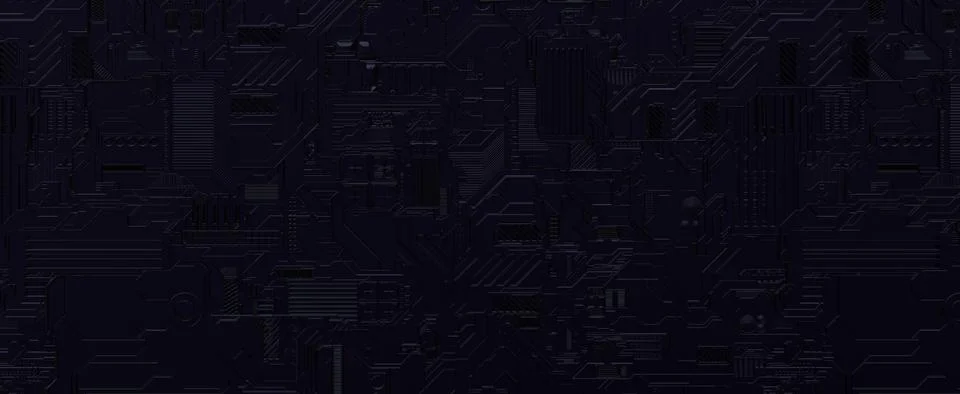 Dark techno background. Electronic circuit board with 3d render labyrinth of Illustrazione stock