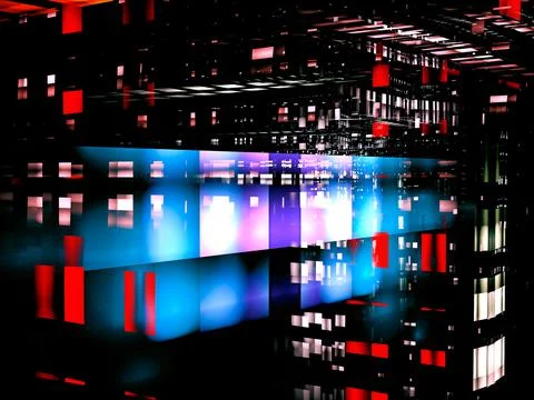 Dark technology background with glowing blocks - 3d illustration Stock Illustration