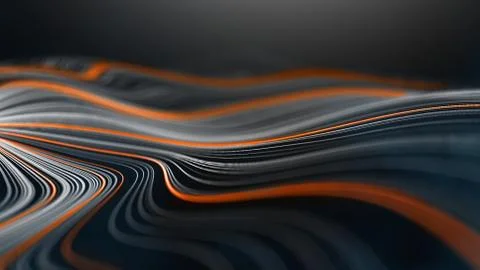 Dark technology background with wavy orange and white lines. Wavy black texture Stock Illustration