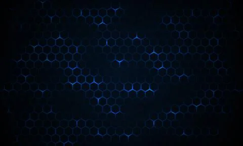 Dark technology hexagonal vector background. Abstract blue bright energy flashes Illustrazione stock