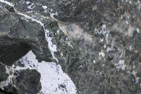 Dark textured rock surface with pale mineral veins Stockfoto's
