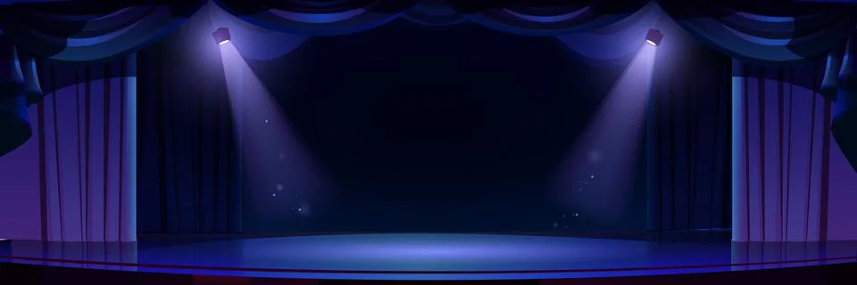 Dark theater stage with spotlights, curtain, drama Stock Illustration