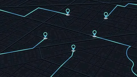 Dark theme city map navigation concept with neon route lines and location pins Stock Illustration
