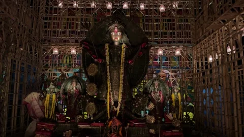 Dark theme, Durga Ma Idol in a famous Pooja Pandal in Kolkata Stock Footage 328205031