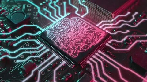 Dark Theme Visualization of Circuit Board CPU Processor Starting Digitalization Stock Footage 158743465