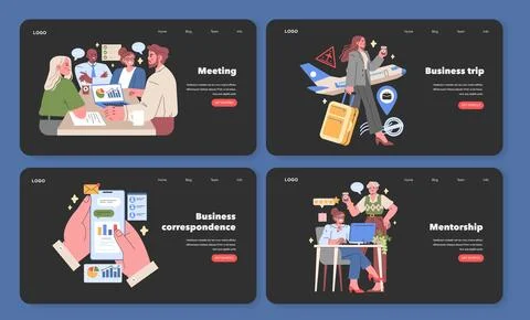 Dark Theme Web Design set Business professionals Vector illustration イラスト素材