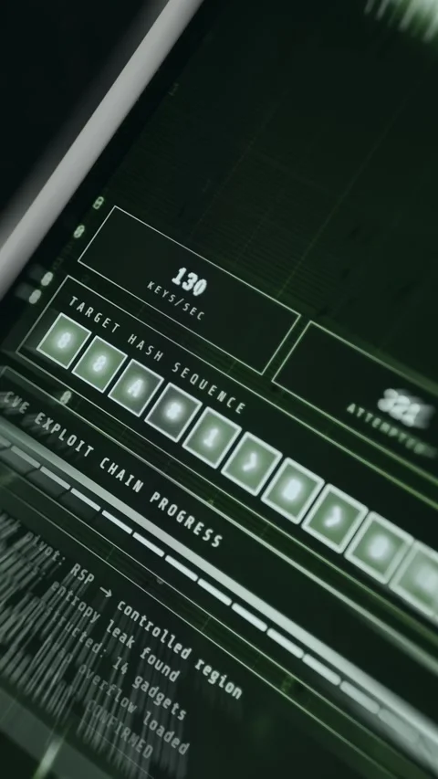Dark-themed dashboard with breach protocol and access granted message Stock Footage 335883075