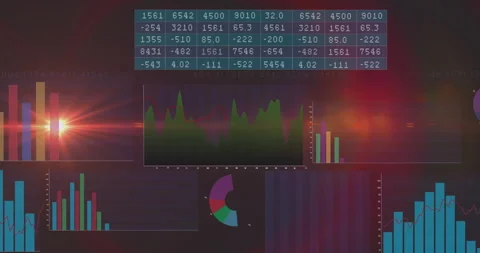 Dark themed dashboard presenting data visualizations with numeric table, charts Stock Footage 307443479