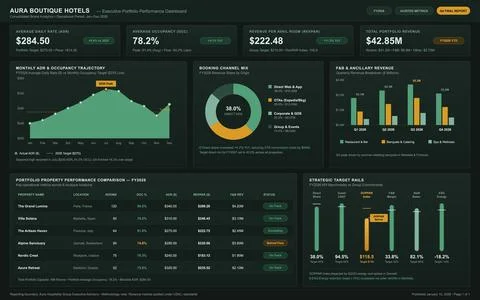 A dark-themed digital dashboard showing hospitality business metrics, revenue Illustrazione stock