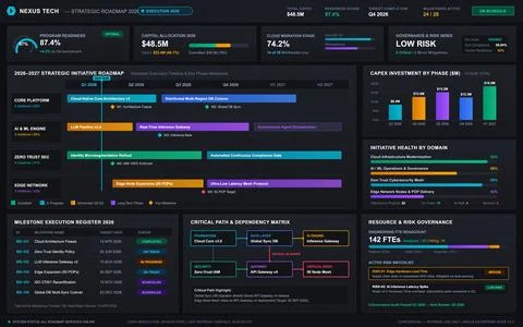A dark-themed digital interface displaying project timelines, financial metri Stock Illustration