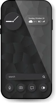 Dark Themed Mobile Interface with Geometric Background and Minimalist Widgets Stock Illustration