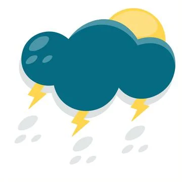 A dark thunderstorm rain cloud with lightning covers the sun. Icon of flat cl Illustrazione stock