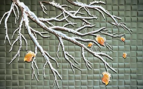 Dark tiled background, snow-covered branch of an autumn tree with leaves Stock Illustration