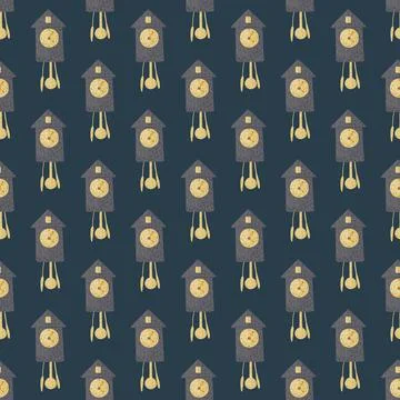 Dark time seamless pattern with little abstract cuckoo clock silhouettes. Nav Stock Illustration