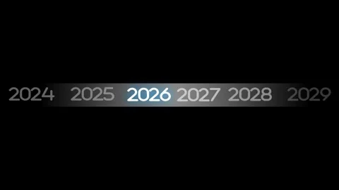 Dark timeline showing years 2024 to 2029 with 2026 highlighted animation 库存影片 336874016
