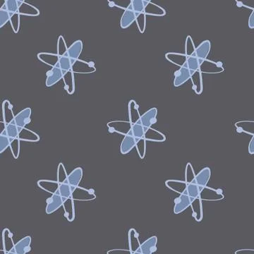 Dark tones chemistry seamless pattern with blue atom silhouettes. Dna formula Stockillustratie