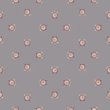 Dark tones seamless pattern with retro design alarm clock ornament. Grey back 스톡 일러스트