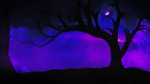 Dark Tree and Purple Fire Cartoon Abstract Animation. Stock Footage 130992068