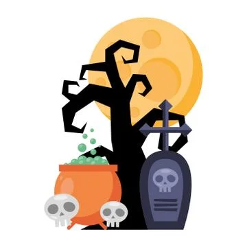 Dark tree with cauldron and graveyard halloween icons Stock Illustration