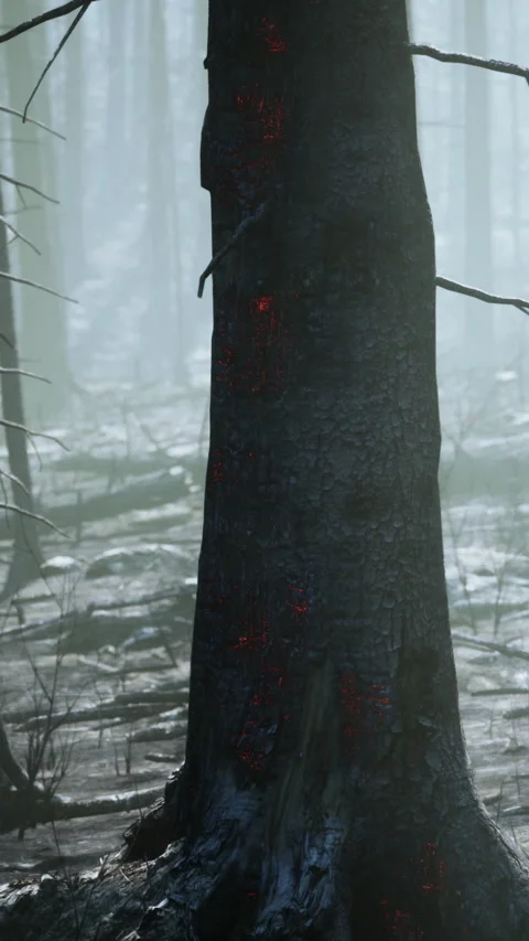 Dark tree trunk in a foggy forest during early morning hours 스톡 동영상 342335099