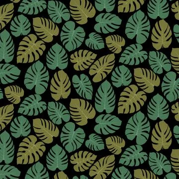 Dark Tropical Monstera Leaf Seamless Pattern in Flat Vector Style イラスト素材