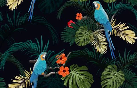 Dark tropical seamless pattern with exotic monstera and royal palm leaves Stock Illustration