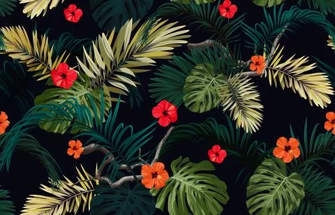 Dark tropical seamless pattern with exotic monstera and royal palm leaves and Stock Illustration