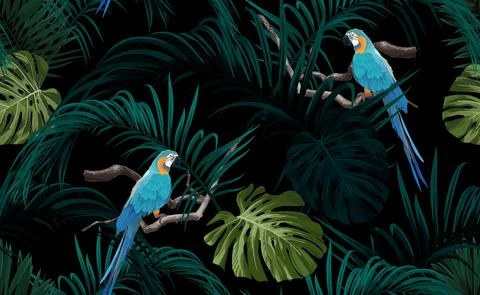 Dark tropical seamless pattern with exotic monstera and royal palm leaves, blue Stock Illustration
