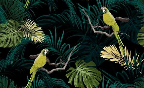 Dark tropical seamless pattern with exotic monstera and royal palm leaves, light 스톡 일러스트