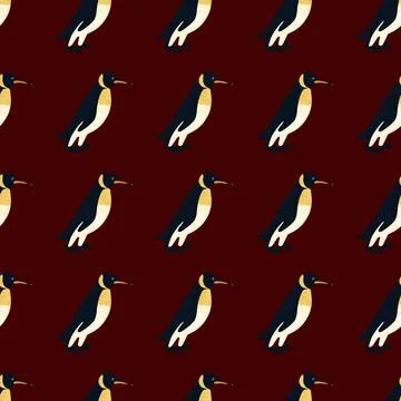 Dark tropical zoo seamless pattern with doodle penguin ornament. Maroon backg Stock Illustration