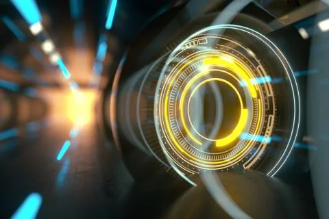 Dark tunnel with glowing HUD elements, 3d rendering. Illustrazione stock