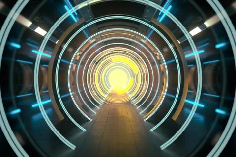 Dark tunnel with glowing HUD elements, 3d rendering. Stock Illustration
