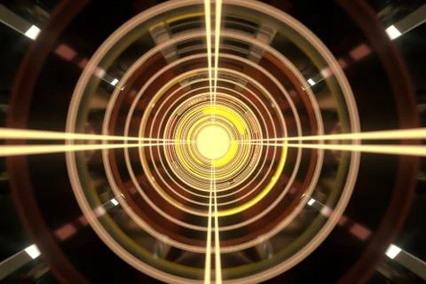 Dark tunnel with glowing HUD elements, 3d rendering. Illustrazione stock