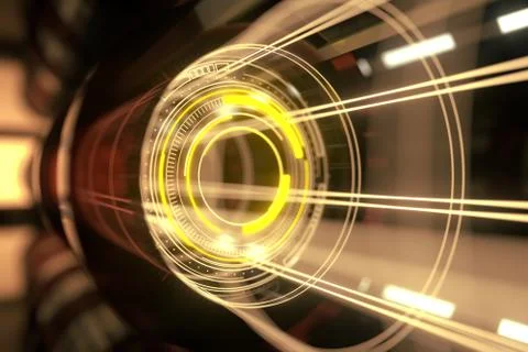 Dark tunnel with glowing HUD elements, 3d rendering. Illustrazione stock