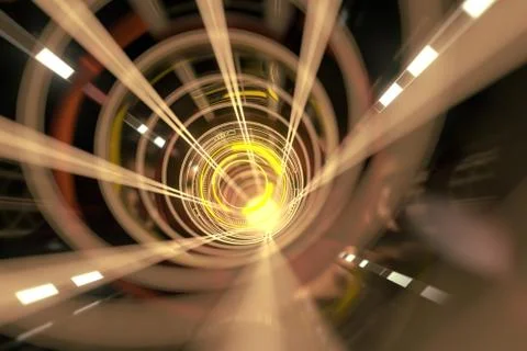 Dark tunnel with glowing HUD elements, 3d rendering. Illustrazione stock