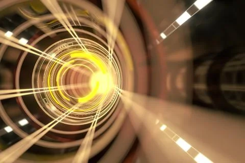 Dark tunnel with glowing HUD elements, 3d rendering. 스톡 일러스트