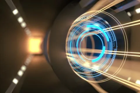 Dark tunnel with glowing HUD elements, 3d rendering. 스톡 일러스트