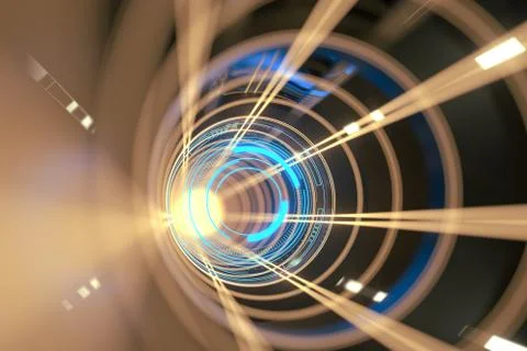 Dark tunnel with glowing HUD elements, 3d rendering. 스톡 일러스트