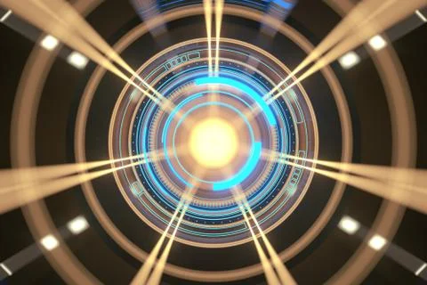 Dark tunnel with glowing HUD elements, 3d rendering. 스톡 일러스트