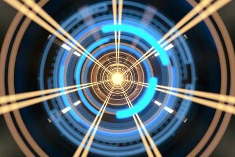 Dark tunnel with glowing HUD elements, 3d rendering. 스톡 일러스트